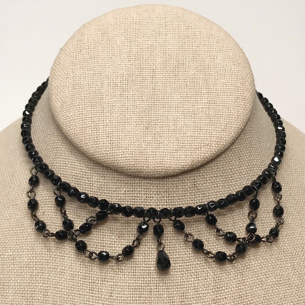 VTG French Jet Black Bead Wired Choker Necklace Victorian Mourning Jewelry Swag